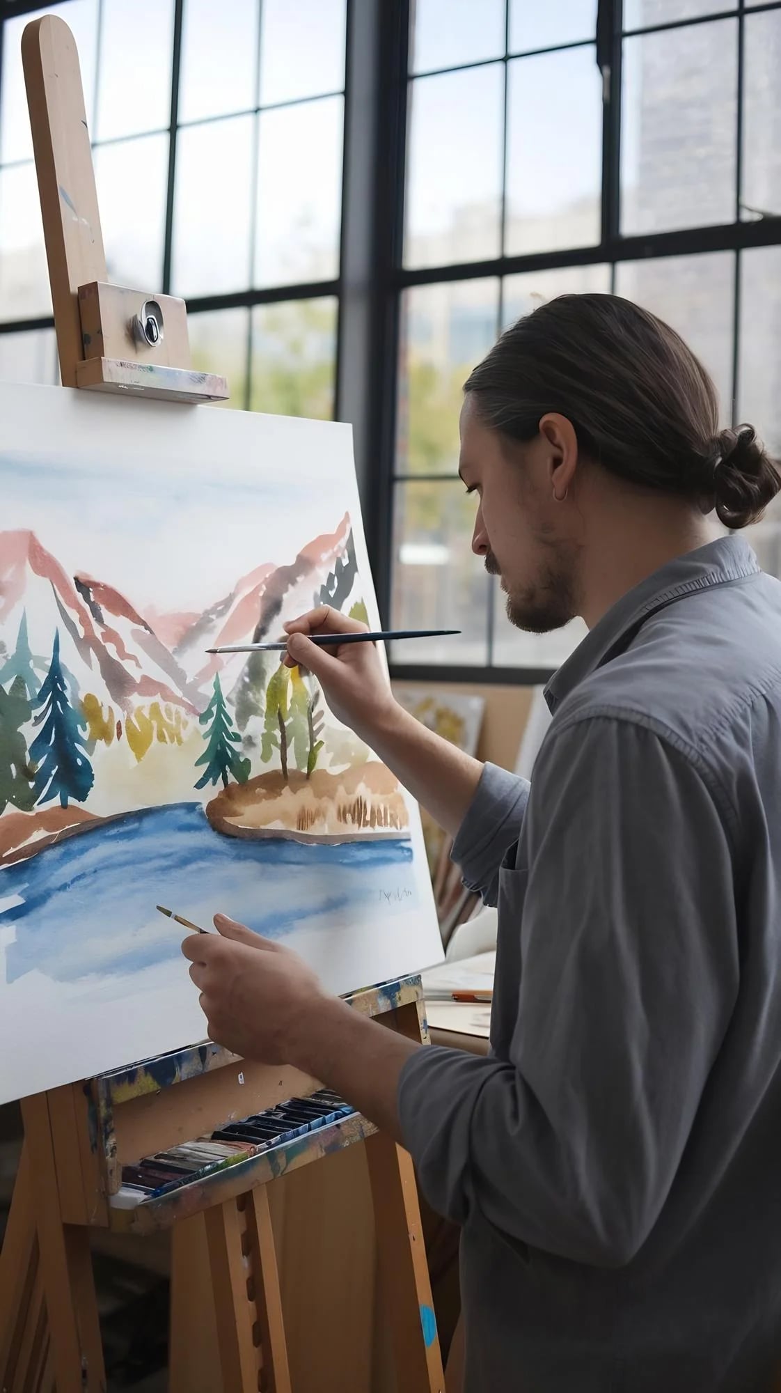 Aluna pintando em aquarela durante a aula