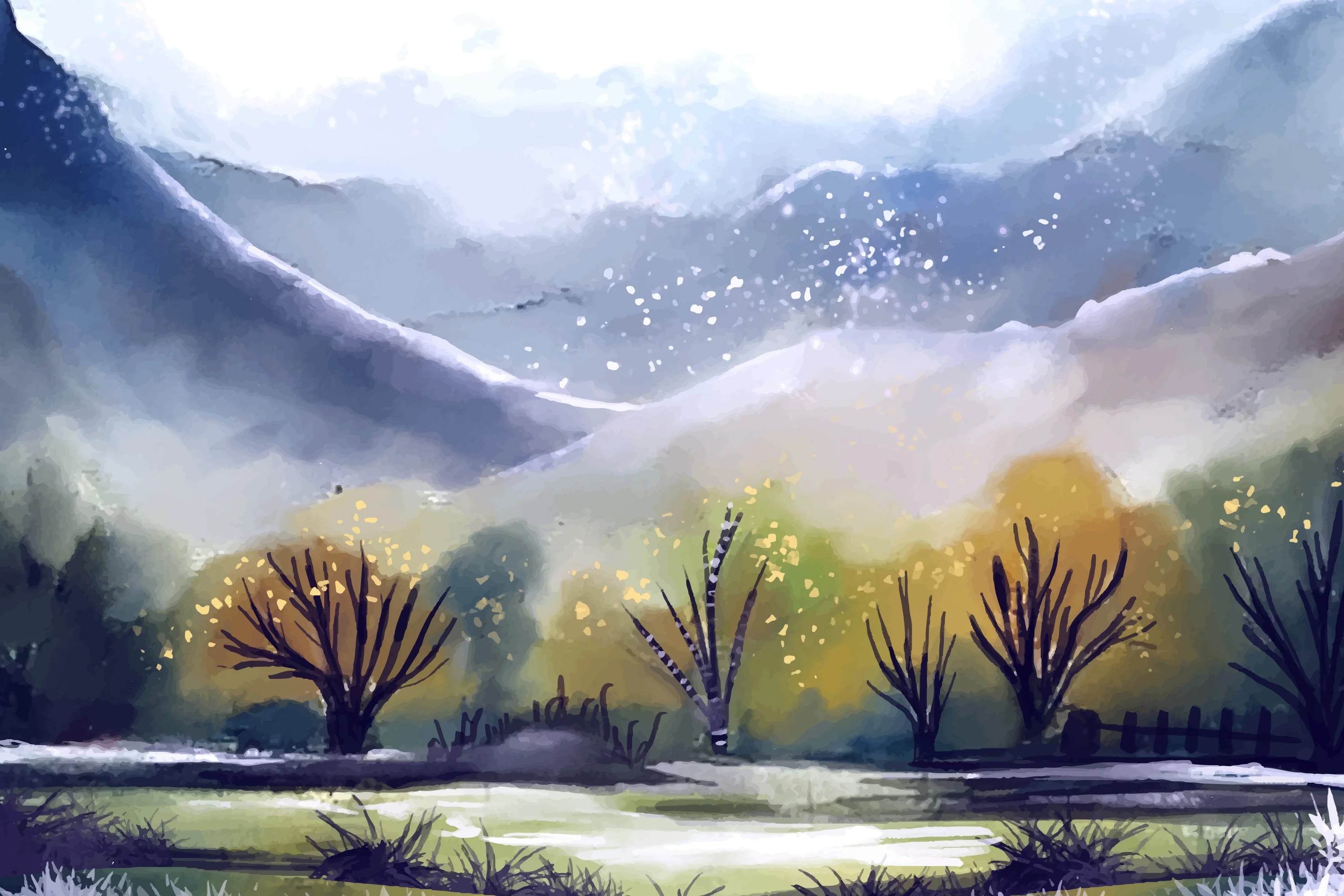 Materiais de aquarela e pinturas sobre a mesa do ateliê