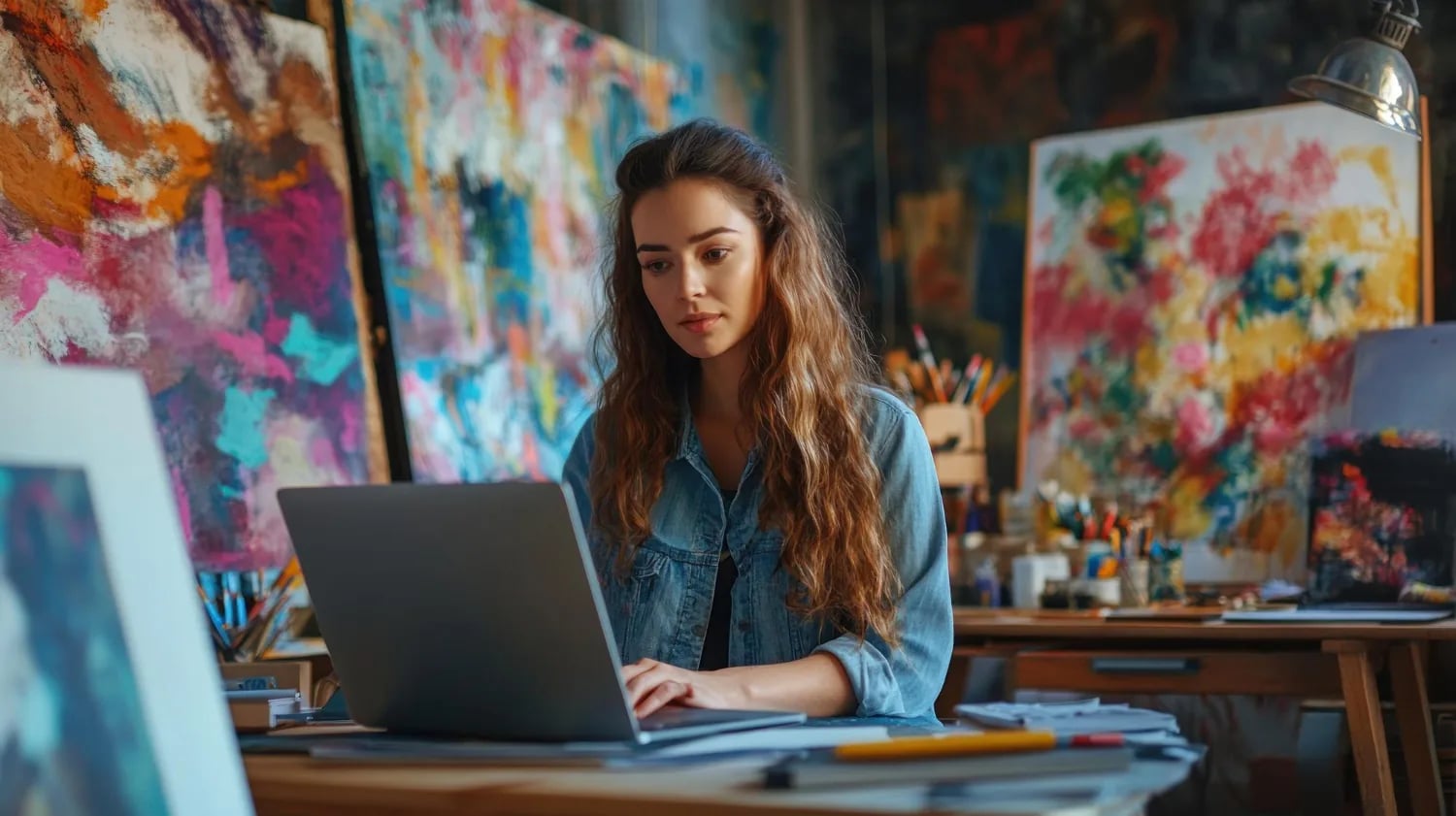 mulher pintando em casa acompanhando a aula pelo notebook na modalidade online ao vivo da abra