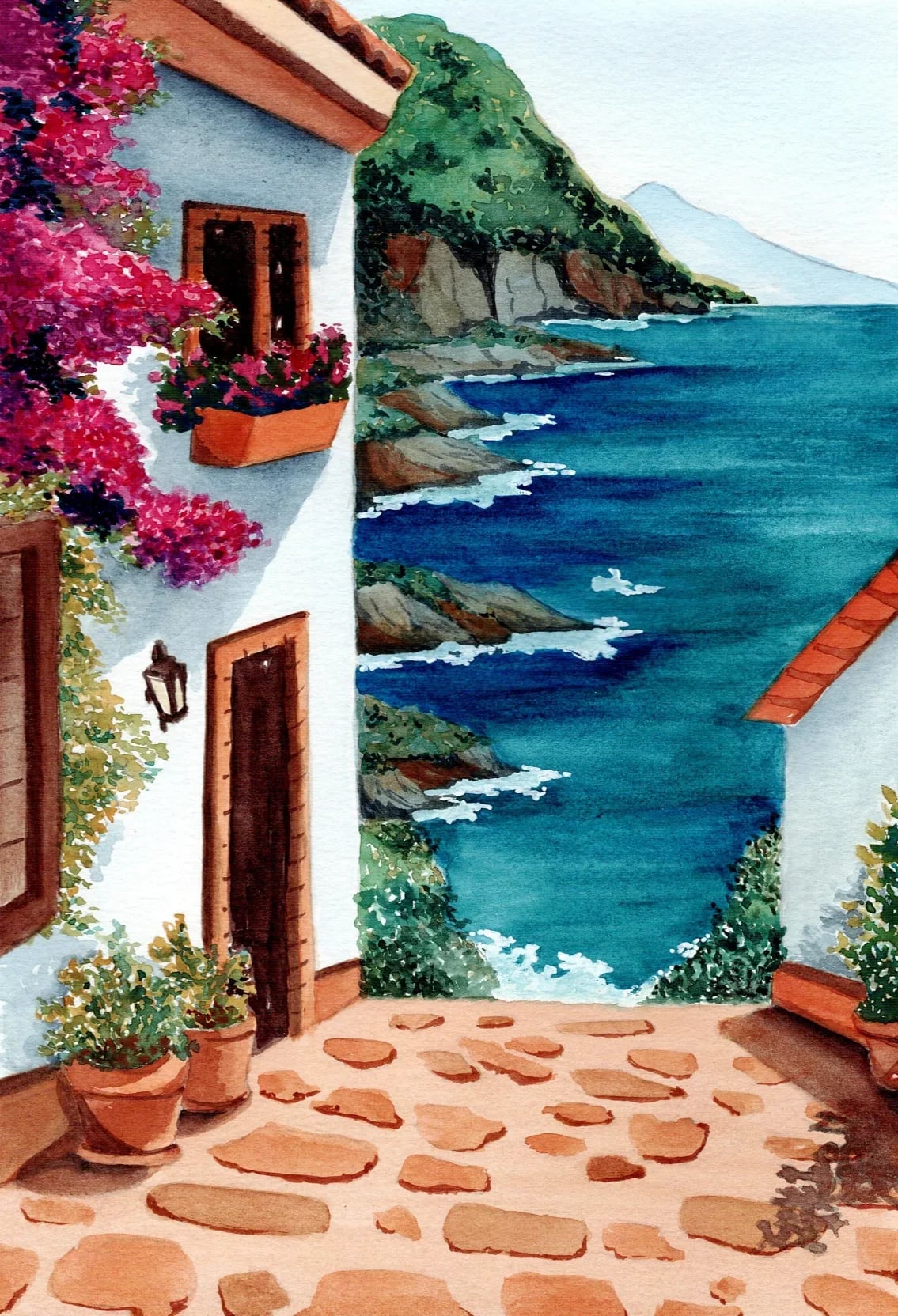 Paisagem em aquarela com montanhas e um lago, feita por aluna da ABRA