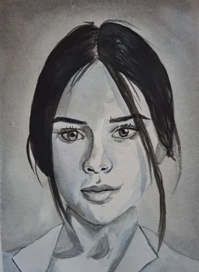 Retrato em aquarela de uma mulher, feito por aluna da ABRA