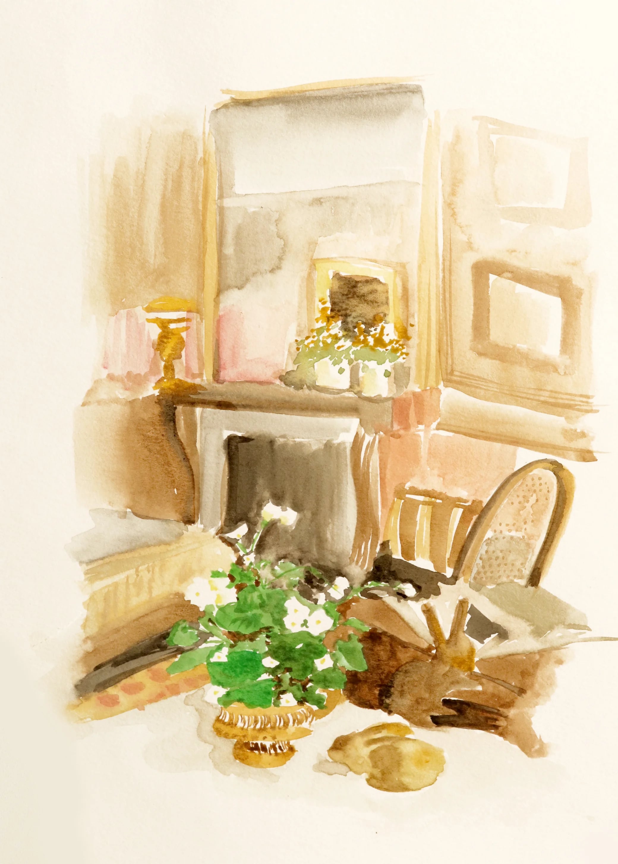 Aquarela em tons terrosos de uma sala com lareira, quadros na parede e um vaso de flores brancas em primeiro plano