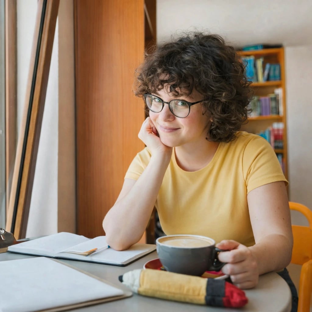 teenager with coffee studying library