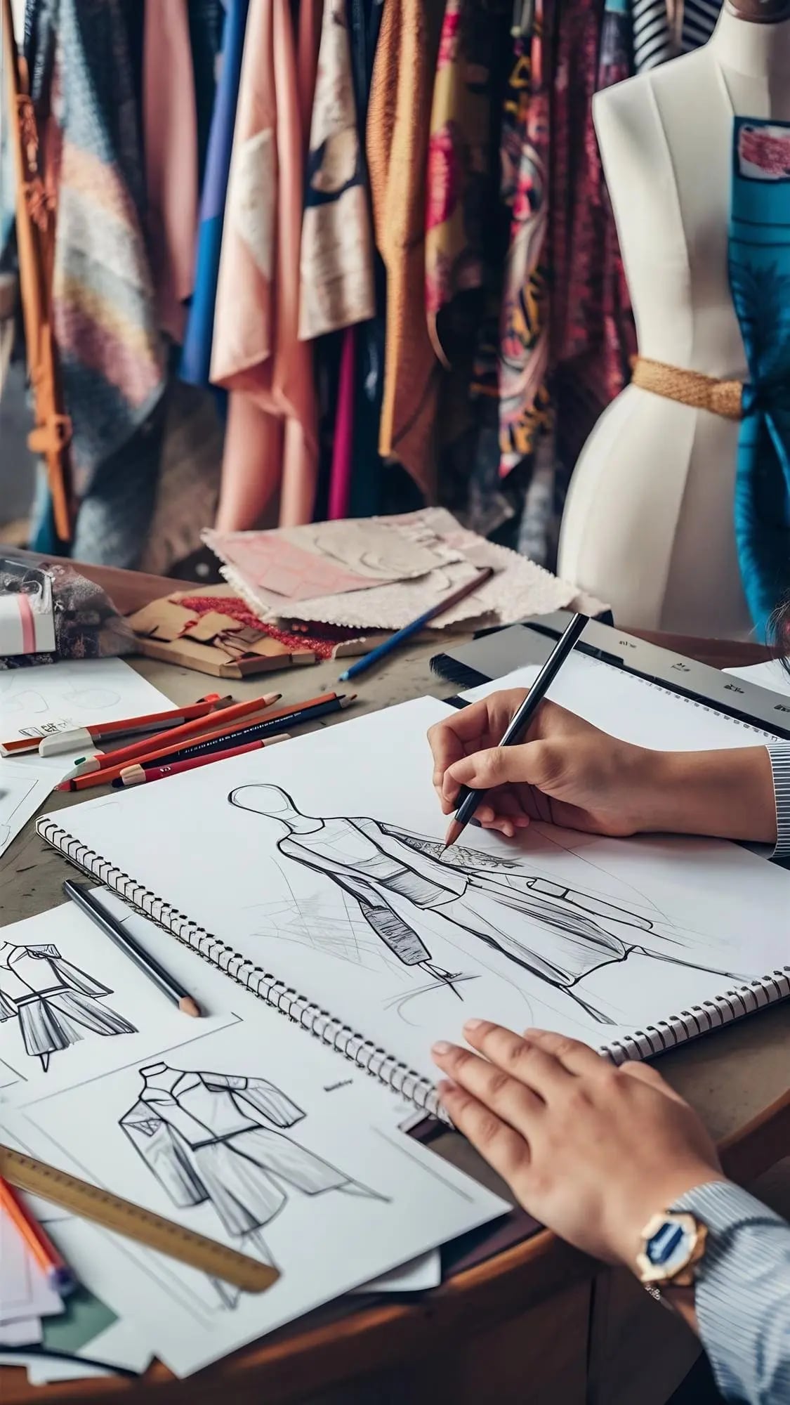 Ilustração de moda desenhada à mão representando a grade curricular do curso de Desenho de Moda.