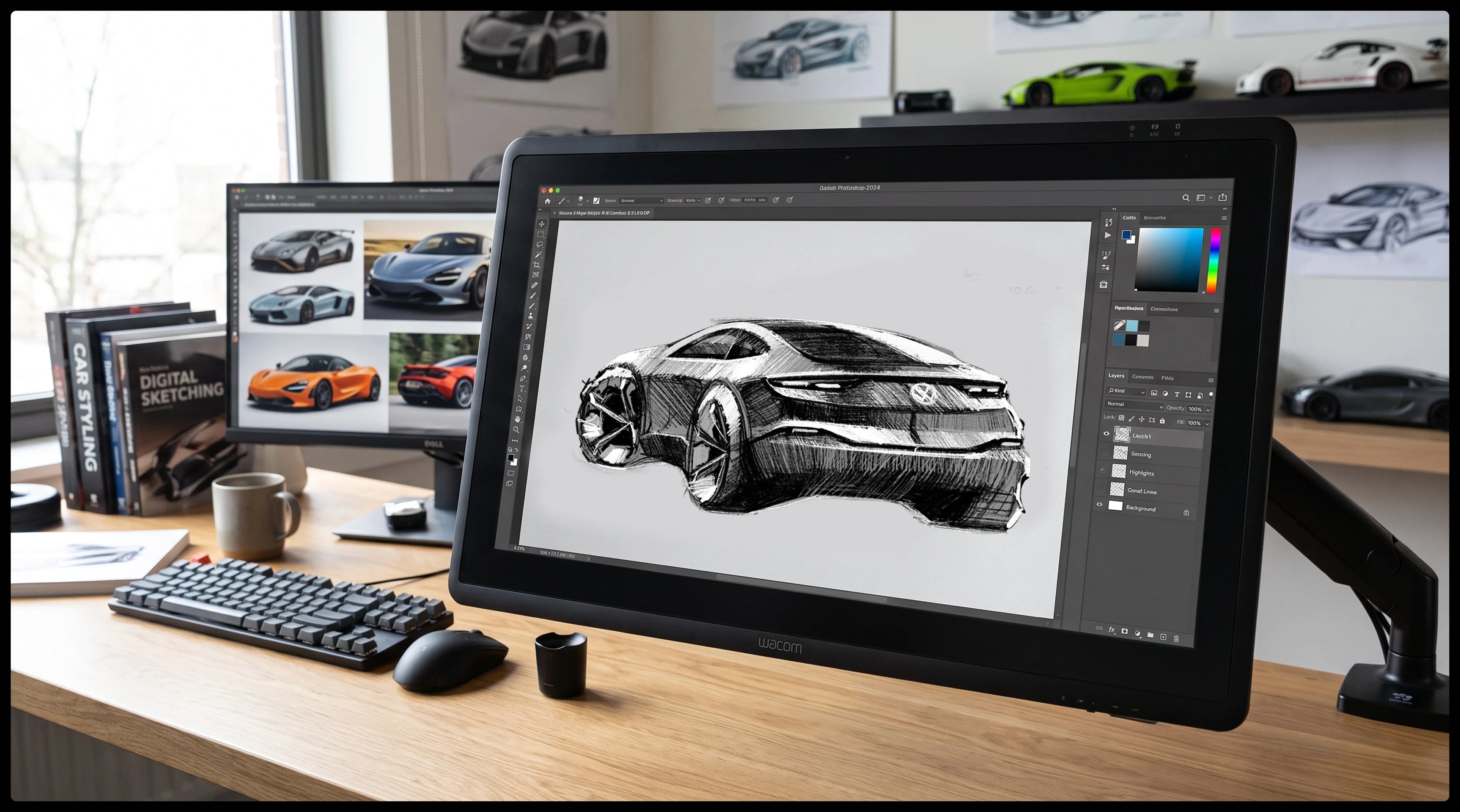 Mesa digitalizadora com um sketch automotivo aberto no Photoshop, ao lado de um monitor com fotos de carros esportivos