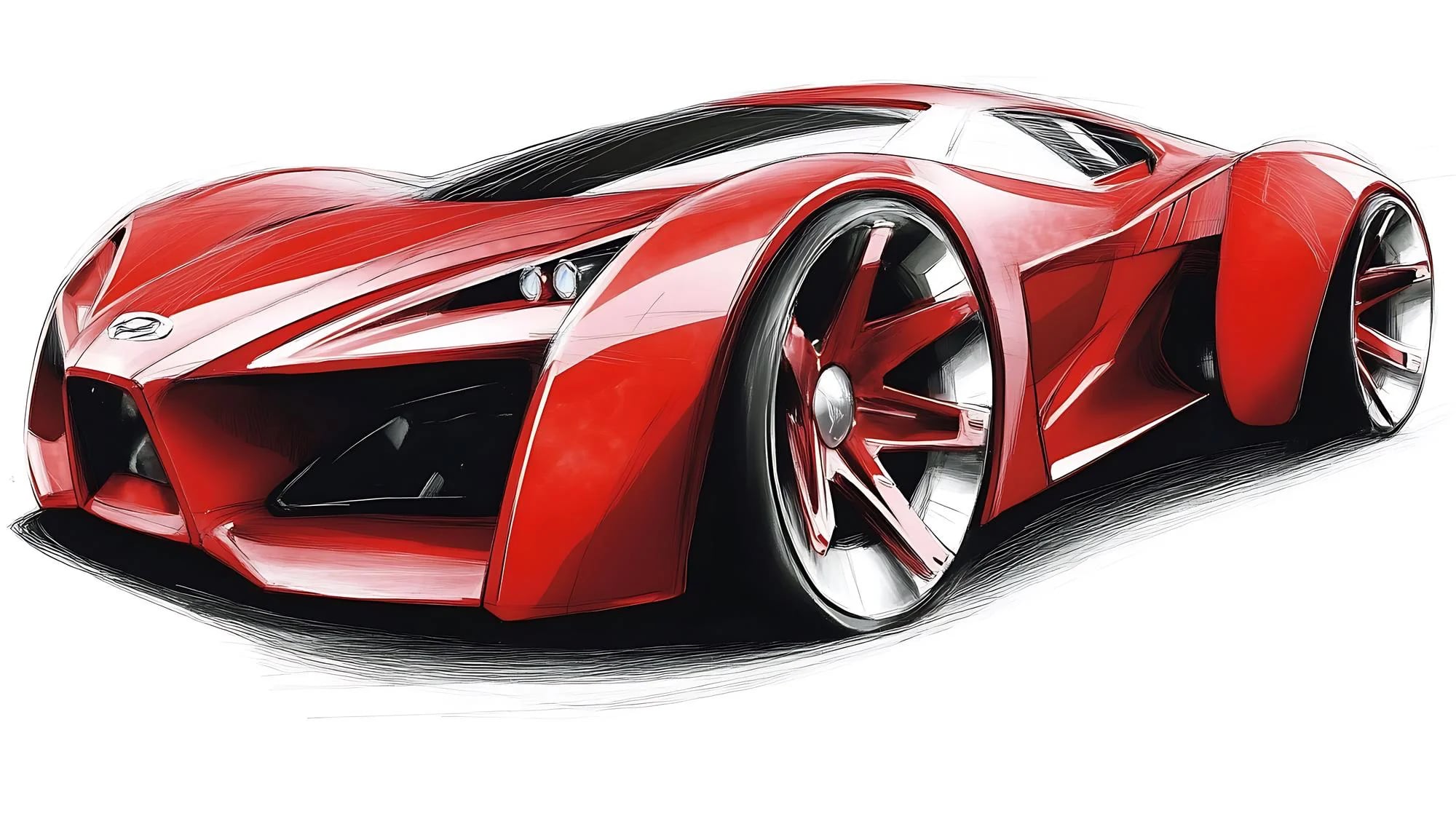 Ilustração com acabamento de render de um carro esportivo vermelho, com reflexos e cores saturadas