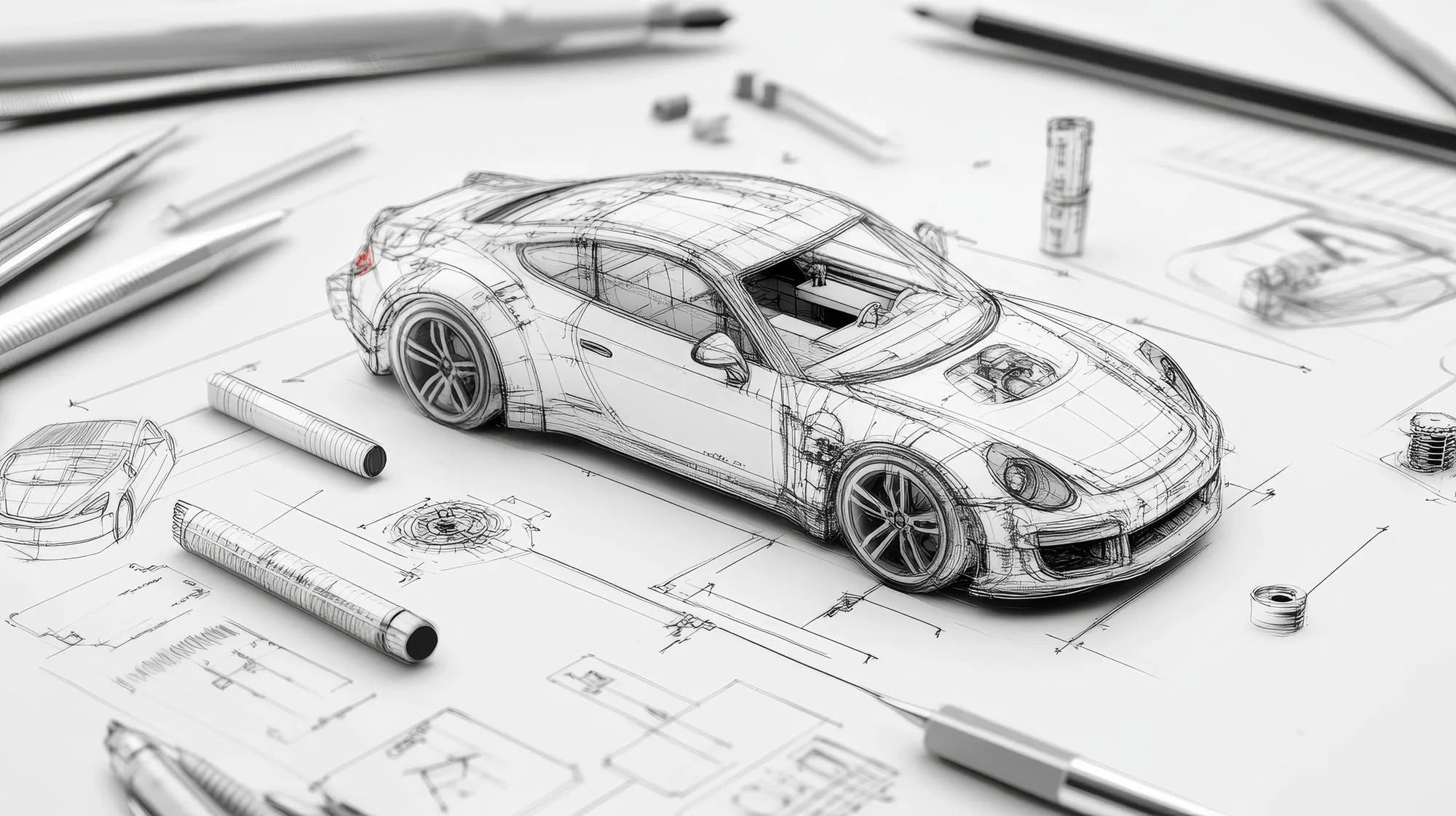 Prancha de desenho automotivo com traços e sombreamento de veículo
