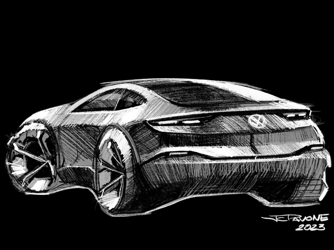 Sketch à mão de um cupê esportivo em vista 3/4 traseira, feito pelo professor José C. Pavone