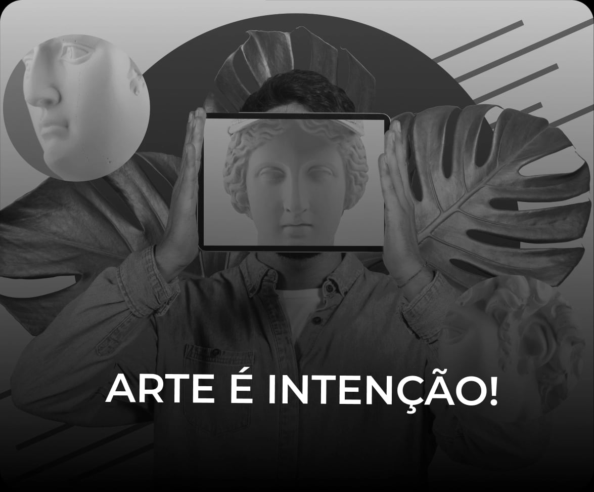 Estátua antiga com um tablet na frente do rosto