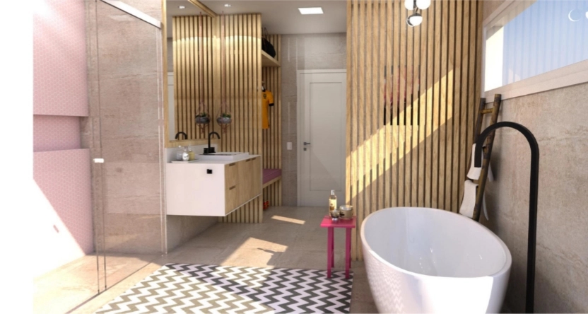 Design de um banheiro feita pela designer Aniella Parziale Navarro