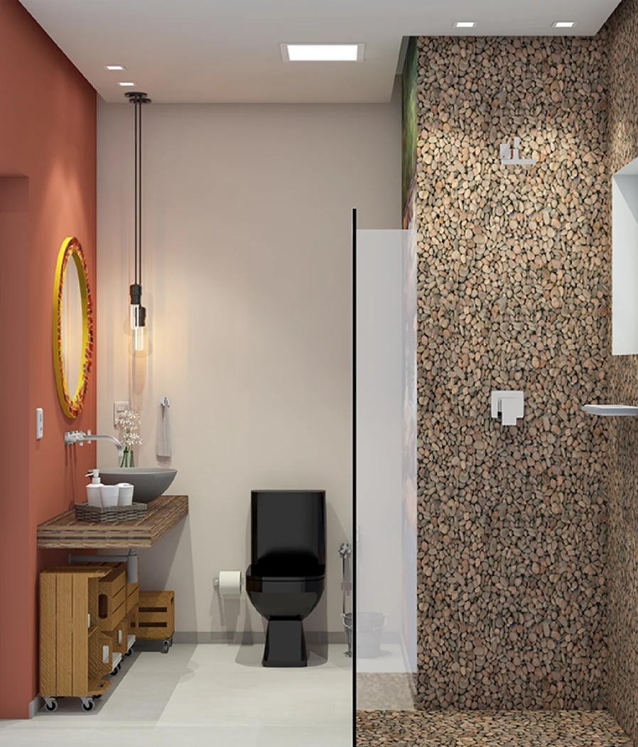 Design de um banheiro moderno feita pela designer Ligia Maria Benavente