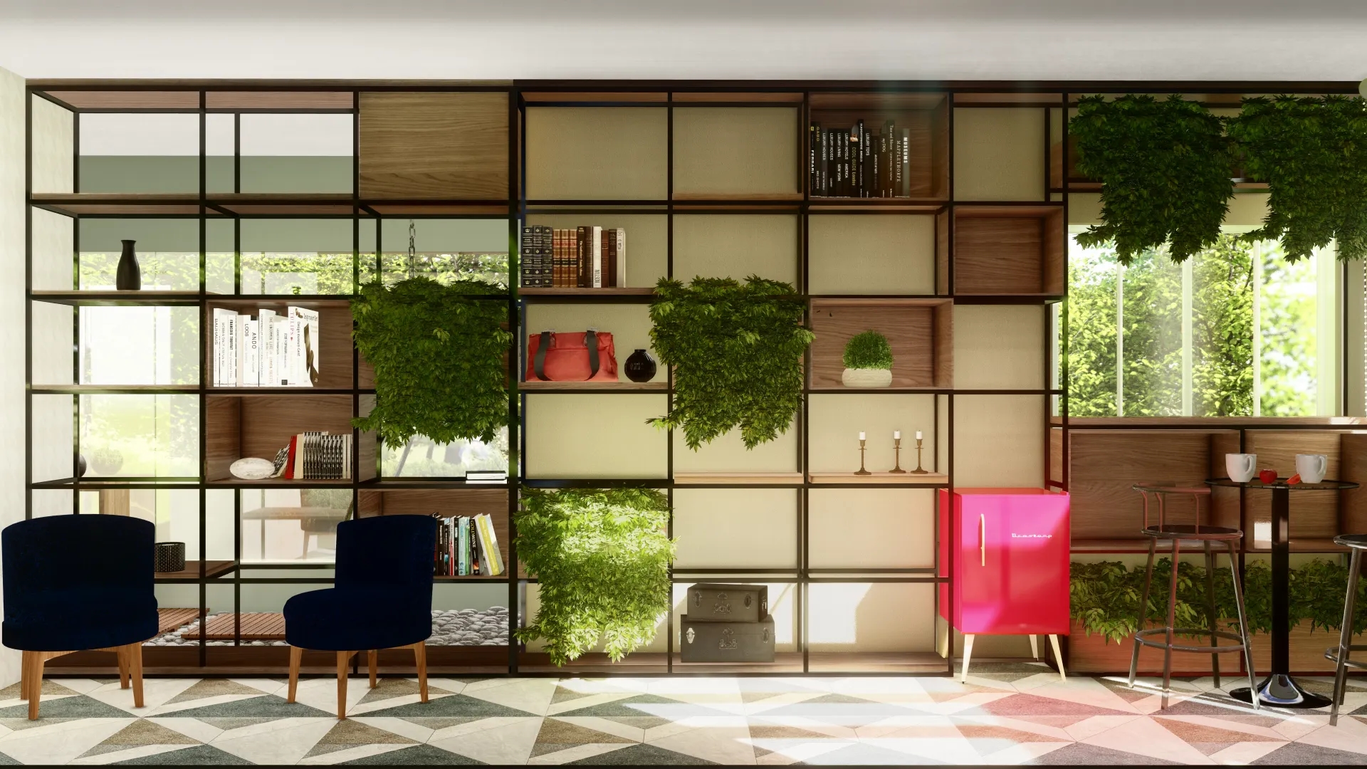 Design de uma sala de estar moderna feita pela designer Taiane Ribeiro Barbosa