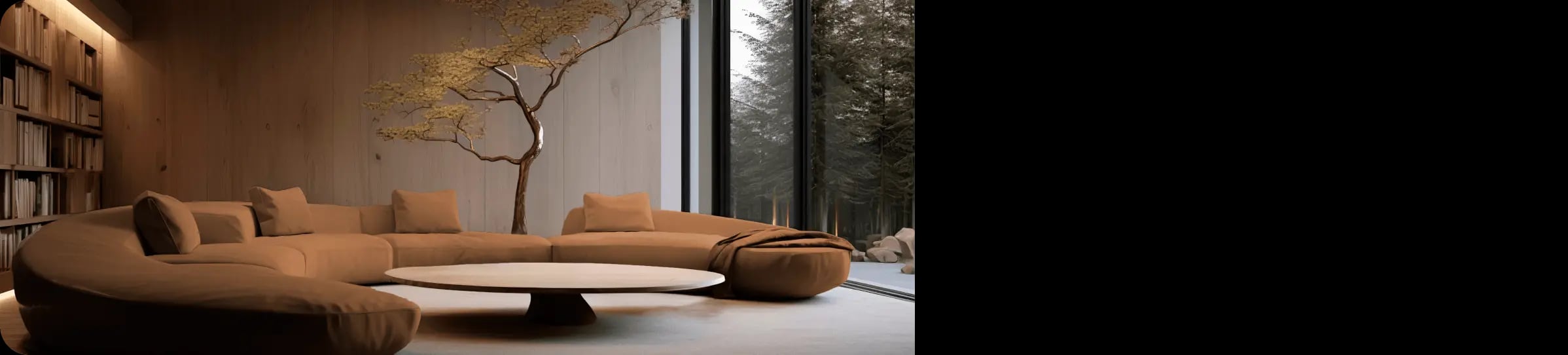 designer de interiores uma mesa de madeira redonda ao centro com livros ao fundo e um sofá redondo