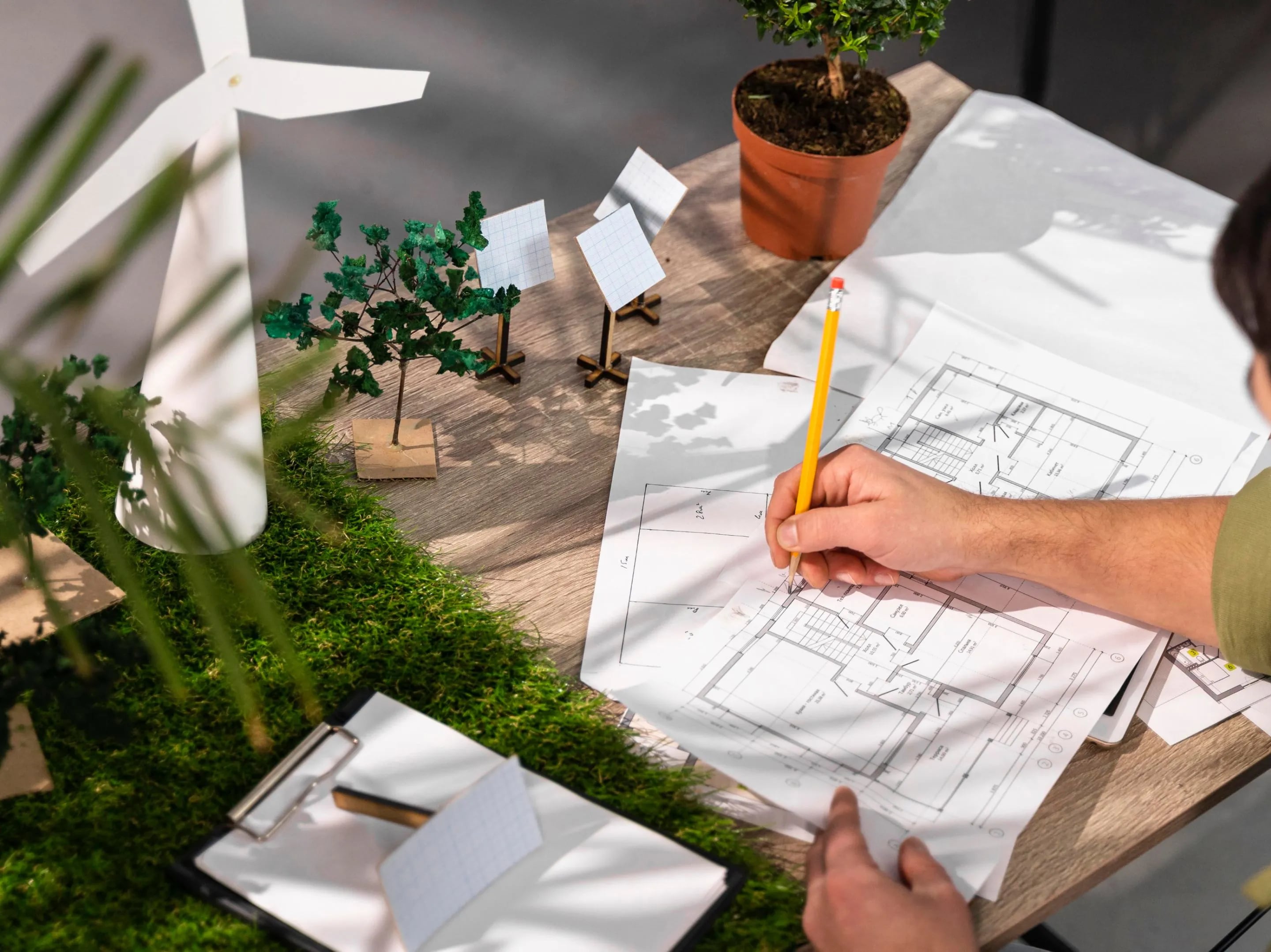 Um homem fazendo projetos de design de interiores em cima de uma mesa